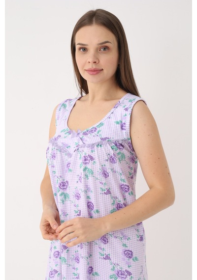 Yasar Underwear Kadın %100 Pamuk Askılı Çiçek Desenli Rahat Gecelik Lila Lila