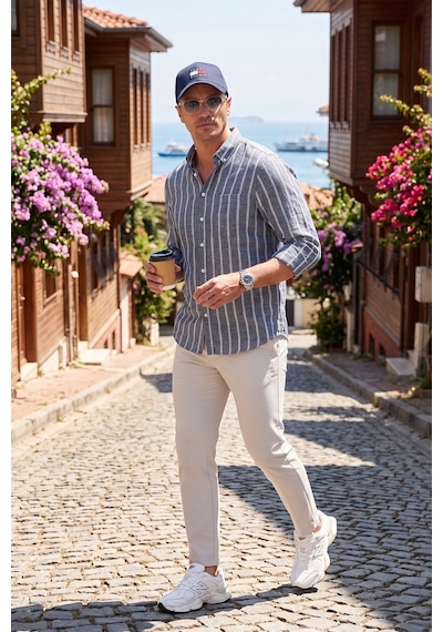Buratti Pamuklu Çizgili Regular Fit Düğmeli Yaka Erkek Gömlek Cf21S112480 Siyah-Beyaz