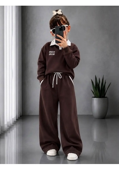 Kokoş Bebe Kız Çocuk Yaka Detaylı Eşofman Takım - 6/12 Yaş - 31914 Kahverengi
