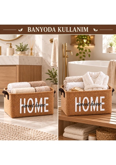 Harmony Home Sweet Home Doğal Jüt Düzenleyici Sepet Katlanabilir, Kulplu, Çok Amaçlı Saklama Kutusu 28 Diğer