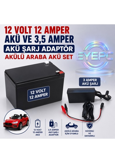Akülü Araç Araba Için 12v 12ah Akü 3.5 Amper Adaptörü Şarj Cihazı Aleti Birlikte