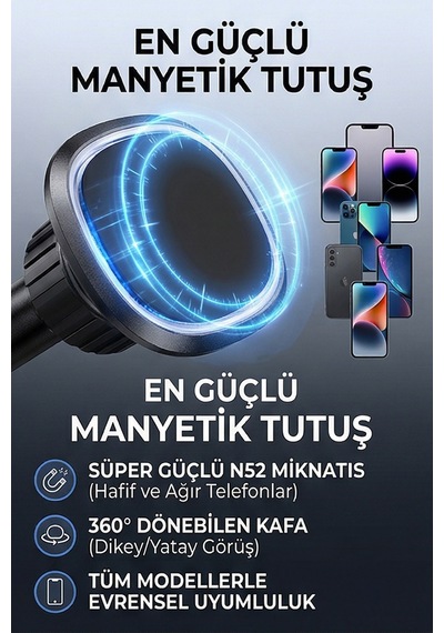 360 Dönebilen Çoklu Montaj Seçenekli Güçlü Manyetik Araç Telefon Tutucu Siyah