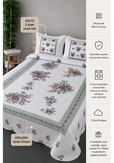Gündelik Çeyizlik Hediyelik Kapitone Desenli Çift Kişilik / Battal Boy Yatak Örtüsü Takımı Seti 250x260 Örtü 50x70 2 Adet Yastık Kılıfı Flower Lila