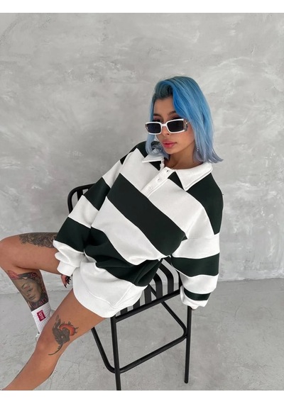 Kadın 3 İplik Pamuklu Parçalı Yakalı Sweatshirt - Yeşil YESIL