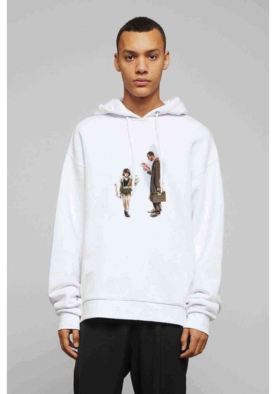 Leon Baskılı Beyaz Erkek Örme Kapşonlu Sweatshirt (531039676)