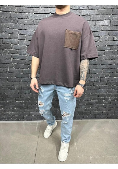 Cep Detaylı Oversize Tshirt Kahverengi
