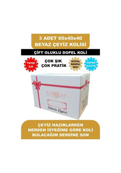 3 Adet 60x40x40 Kurdale Baskılı Beyaz Çeyiz Kolisi, İsim Yazma Alanı Renkli Baskı, Çift Oluklu