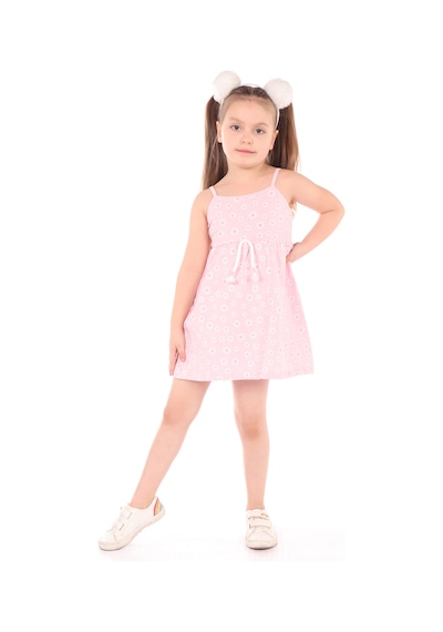 Kız Çocuk Baskılı Regular Fit Kare Yaka Kolsuz Askılı Elbise - Pembe