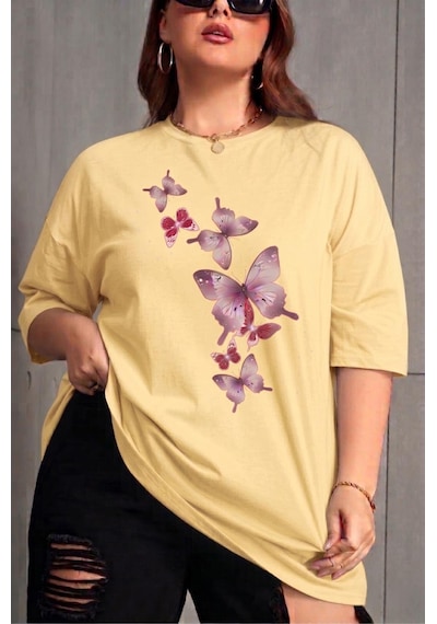 Kelebek Baskılı Kadın Büyük Beden Battal Bisiklet Yaka Pamuklu T-shirt Rahat Kesim Sari