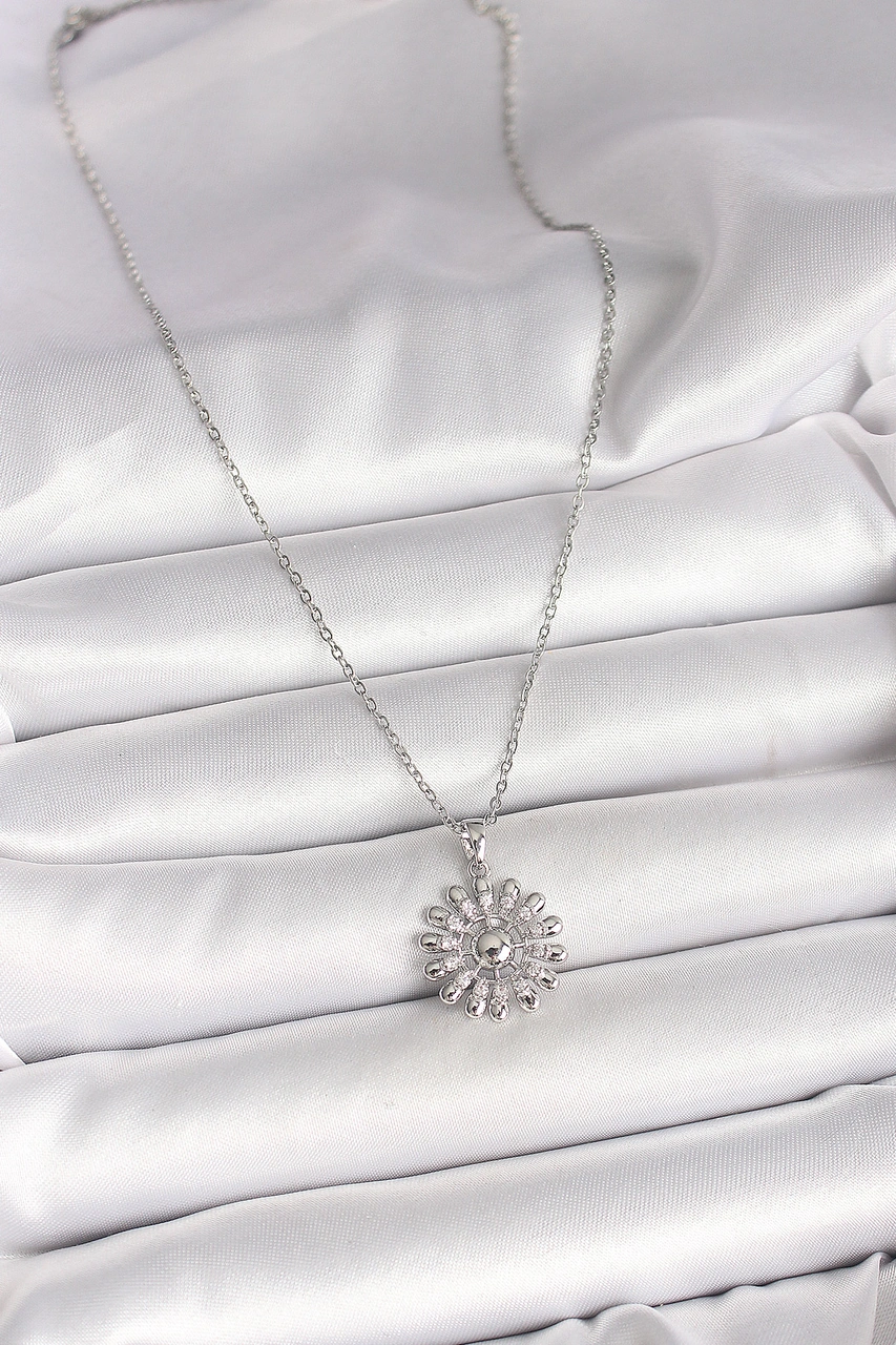 316l Çelik Gümüş Renk Zincir Zirkon Taşlı Güneş Model Kadın Kolye