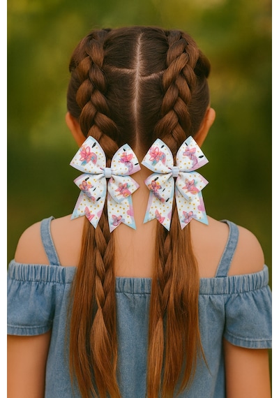 Esila Kids Kız Çocuk Toka Unicorn Desenli Fiyonk 2 Li Set, Renkli Saç Aksesuarı Çok Renkli