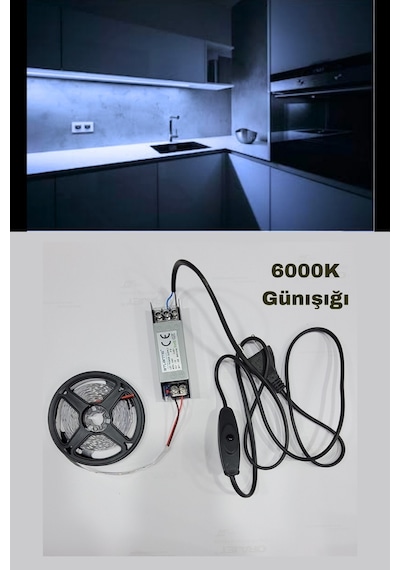 Mutfak Dolabı Için 5 Mt. Beyaz Şerit Led 12v Adaptör Aç Kapa
