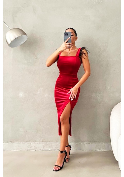 Emirela Kadife Elbise-kırmızı