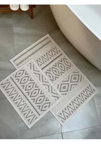 Hat Doğal Pamuklu 2'li Banyo Paspas & Halı Seti 60x100+50x60 Cm - Taş Taş