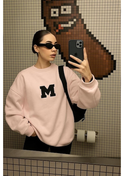 Benroma 3 İplik Penye M Baskılı Unisex Sweatshırt Pembe