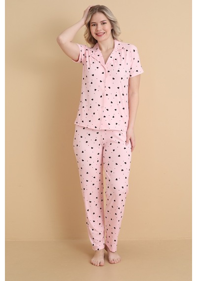 Wordex Mirano 9514 Kalpli Pembe Pegasus Kumaş Düğmeli Kısa Kolu Kadın Pijama Takımı