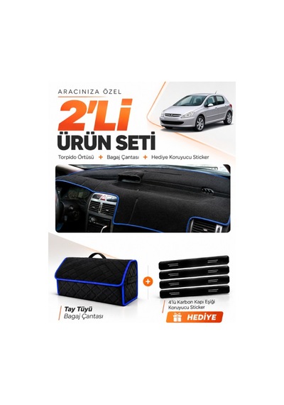 E-biz Peugeot 307 2001-2008 Uyumlu Torpido Örtüsü + Tay Tüyü Bagaj Çantası - Siyah-mavi - Pe009