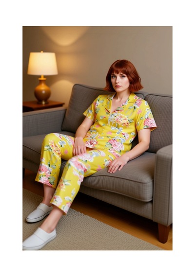 Ersefa Kadın Çiçekli Örme Pijama Takımı Gömlek Yaka Fonksiyonel Dayanıkl sarı