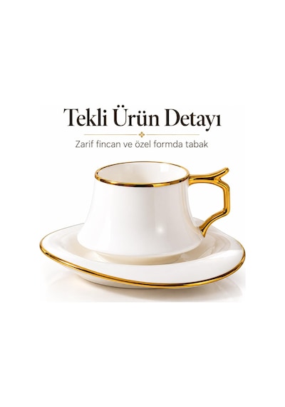 Valkyrie Asalet Serisi 6 Kişilik 12 Parça Kahve Fincanı Takımı Gold Detaylı Porselen Fincan Seti Beyaz Altın