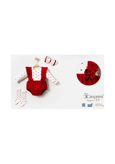 Cayzen Kız Bebek Kalpli Romper Bandana Çorap Aksesuarlı 2068 Kırmızı Kırmızı