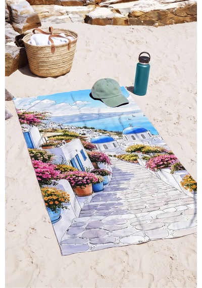 Santorini Manzaralı Akdeniz Plaj Havlusu-bohem Mavi Beyaz Havuz Deniz Hızlı Kuruyan Mikrofiber Havlu Sedef Tozu