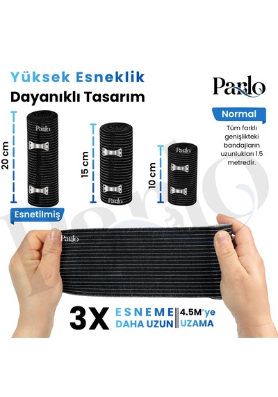Parlo Siyah Elastik Bandaj 3 Lü Set 10-15-20 Cm %300 Esnek, 4,5 M Ye Kadar Uzayan, Metal Kancalı Bandaj Seti