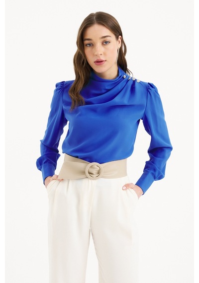 Sateen Düğmeleri Taş Detaylı Bluz - İndigo