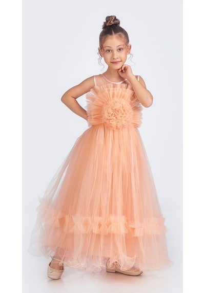 Mnk Baby & Kids Uzun Etekli , Askılı Kız Cocuk Gül Motif Abiye Elbise M00670 SOMON