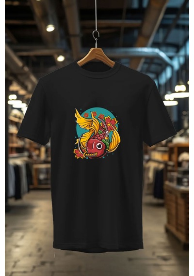 Japon Altın Balık Sokak Stili Baskılı Şık Tasarımlı %100 Pamuk Bisiklet Yaka Siyah T-shirt Siyah