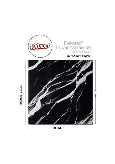60x60 Cm Kendinden Yapışkanlı Duvar,banyo,tezgah Arası Siyah Mermer-100 Adet 1089-60-100