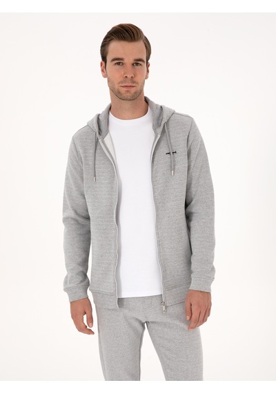 Gri Melanj Regular Fit Pamuk Karışımlı Tam Fermuarlı Sweatshirt