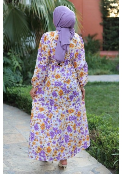 Defymoda Kadın Uzun Çiçek Yaprak Desenli Belden Bağlamalı Elbise Lila