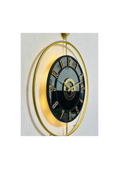 Pey Aksesuar Metal Camlı Duvar Saati 50 X 70 Cm Orta Boy Işıklı Gerçek Cam M51-gold-füme-siyah-gold M51-gold-füme-siyah-gold