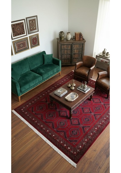 Nakış Serisi Kırmızı Zeminli Geometrik Motifli Şık Salon Halısı Af316 Red Çok Renkli