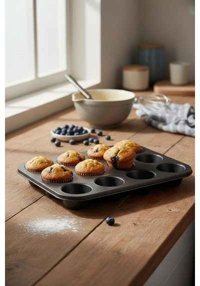 12'li Muffin Kalıbı Yapışmaz Kek Ve Cupcake Kalıbı Fırın Tepsisi Ev Yapımı Muffin Kalıbı Metal Muffin Kalıbı Kek Kalıbı Antrasit - Siyah - Şeffaf