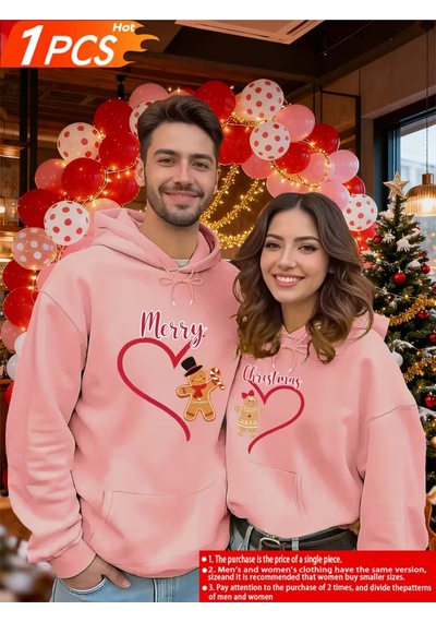 Nevermind Sevgili Kombini Hoodie Merry Christmas Baskılı Çift Kapüşonlu S Pembe