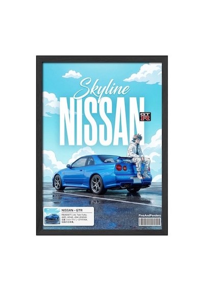 Skyline Nissan Siyah Ahşap Çerçeveli Poster, Dekoratif Araba Duvar Tablosu