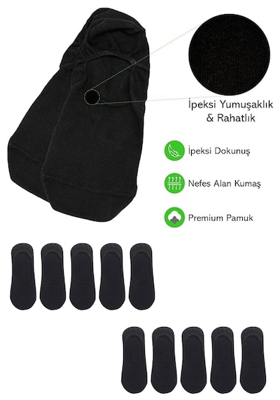 Kral Socks Kadın - Erkek Düz Desen 10'lu Paket - 10 Çift Pamuklu Terletmez Babet Çorap Siyah
