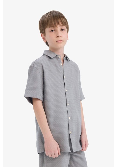 Defacto Erkek Çocuk Regular Fit Polo Yaka Dokulu Kısa Kollu Gömlek E7003a825hsgr265 Gri