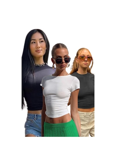 Siyah/beyaz/füme Bisiklet Yaka Basic Kadın Tişört 3'lü Set Mg1725 Siyah/beyaz/füme