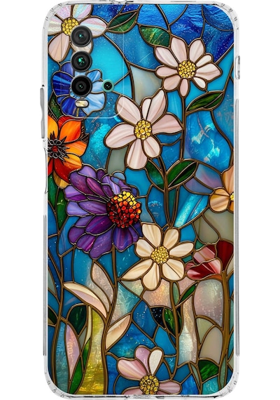 Printify Redmi 9t İle Uyumlu Vitray Mavi Bahar Tasarımlı Şeffaf Silikon Kılıf Şeffaf