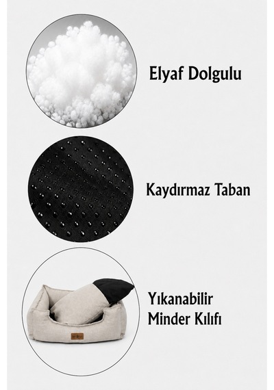 Premium Kedi Ve Köpek Yatağı Kafa Destekli Kaydırmaz Taban Yıkanabilir Fermuarlı Çift Taraflı Minder %100 Boncuk Elyaf Krem 1607705407