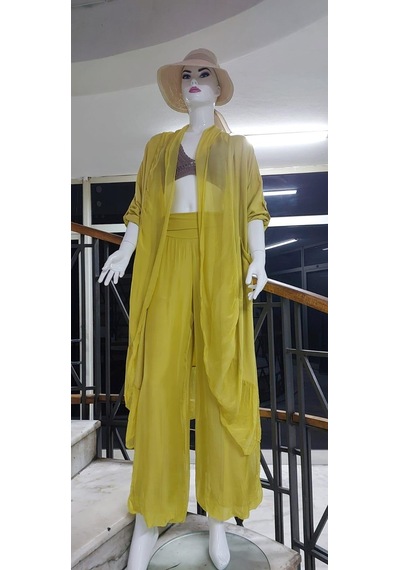 Itayan Ipek Detaylı Oversize Kaftan- Pantolon Takım Hardal