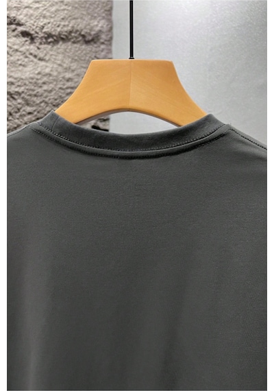 Erkek %100 Organik Pamuklu Kalın Dokulu Comfort Fit Bisiklet Yakalı T-shirt Gri