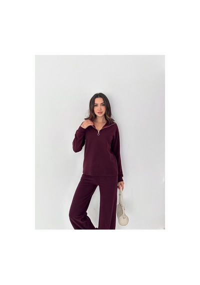 Gugus Kadın Selanik Dik Yaka Fermuarlı Örme Kumaş Alt/üst Takım Bordo