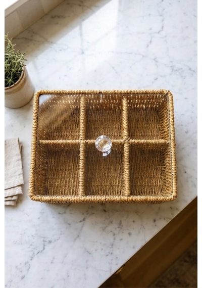 6 Bölmeli Rattan Düzenleyici Organizer Bitki Çayı Sepeti Şeffaf Kristal Kapaklı Rattan Saklama Kutusu Çay Poşeti Organizeri Kristal Kulplu 24,5 X 17 X 10 Cm Kahverengi Kahverengi