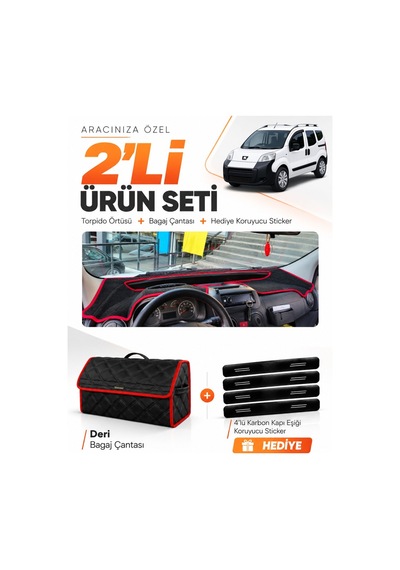 E-biz Peugeot Bipper 2007-2020 Uyumlu Torpido Örtüsü + Deri Bagaj Çantası - Siyah-kırmızı - Pe020