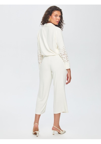 Faik Sönmez Paçası Delik İşli Wide Leg Fit Pantolon 69467 U6946773 Ekru