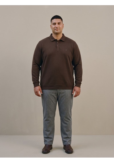 Maccali Erkek Kahverengi Büyük Beden Polo Yaka Battal Sweatshirt