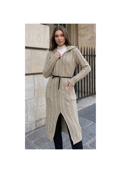 Onno Style Women Saç Örgü Triko Uzun Kadın Hırka Krem